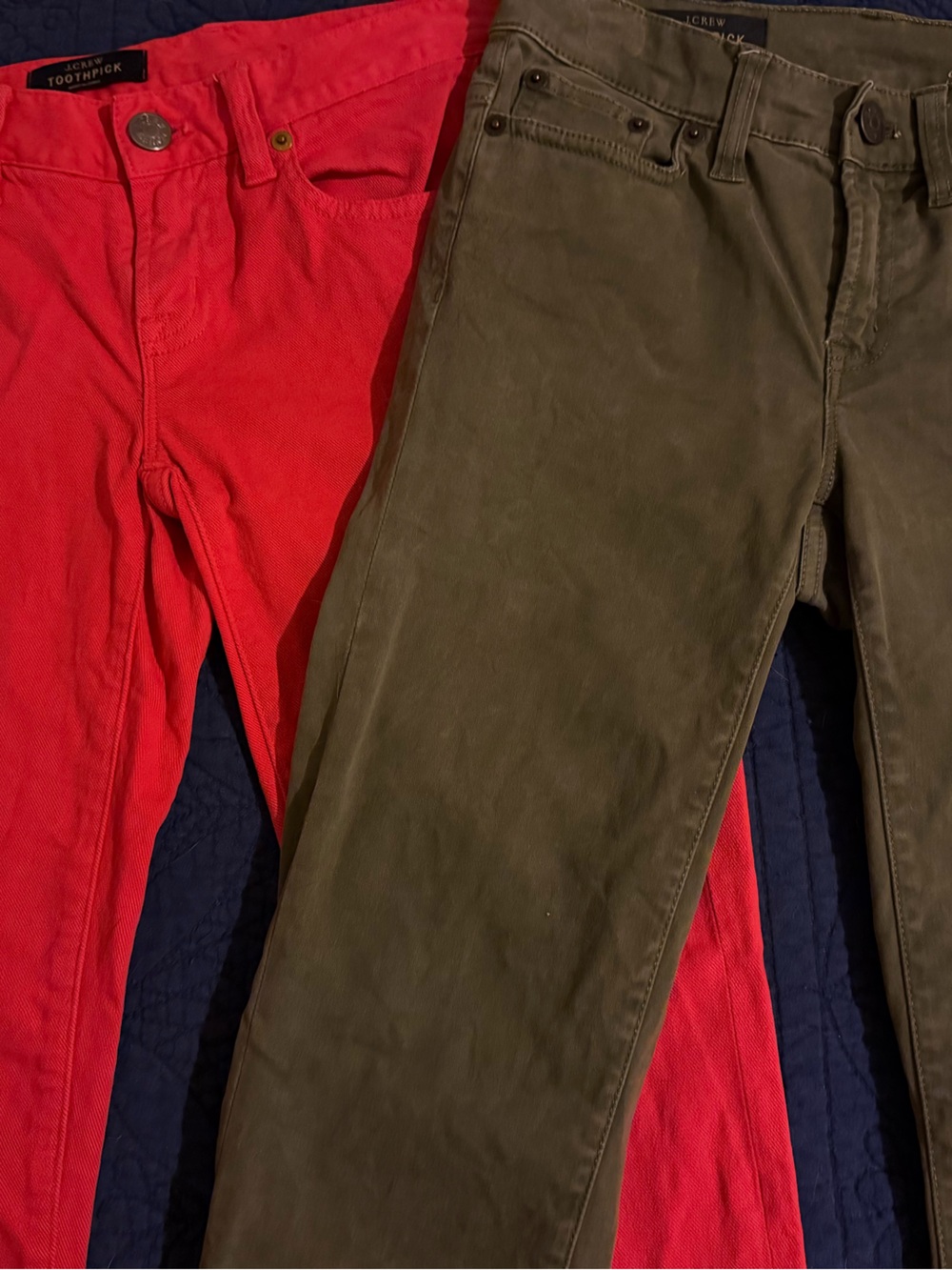 J. Crew cotton/viscose/spandex blend Women’s Pants in Olive Green and Bright Red